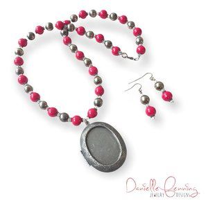 Pink Glass, Clear Glass and Pewter Locket Necklace & Earrings Set